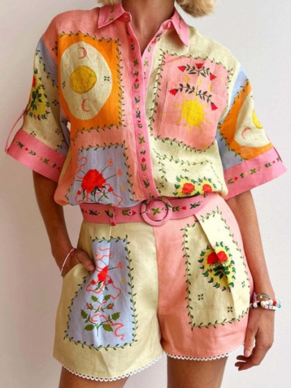 Pastel Patchwork Floral Button-Up Set with Belt